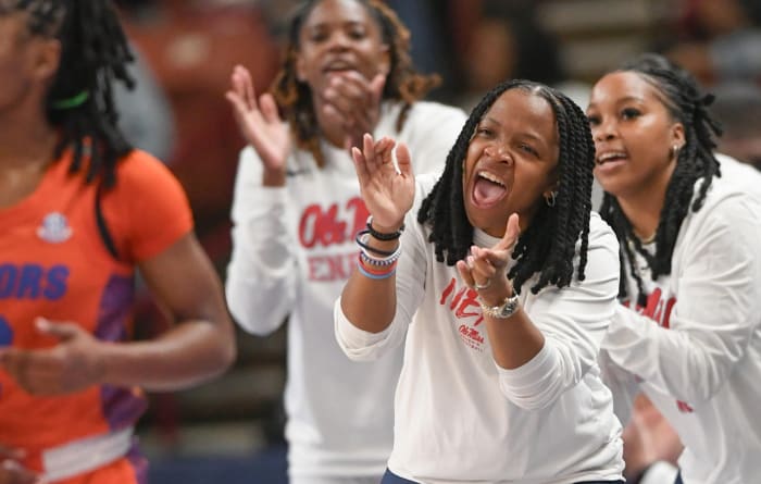 Ole Miss Head Coach Yolett McPhee-McCuin claps after her team scored against Florida during the second quarter of the SEC Women's Basketball Tournament game at the Bon Secours Wellness Arena in Greenville, S.C. Friday, March 8, 2024.